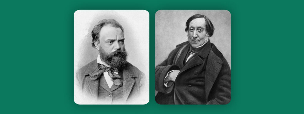 Portretten van Antonin Dvořák en Gioachino Rossini op een groene achtergrond
