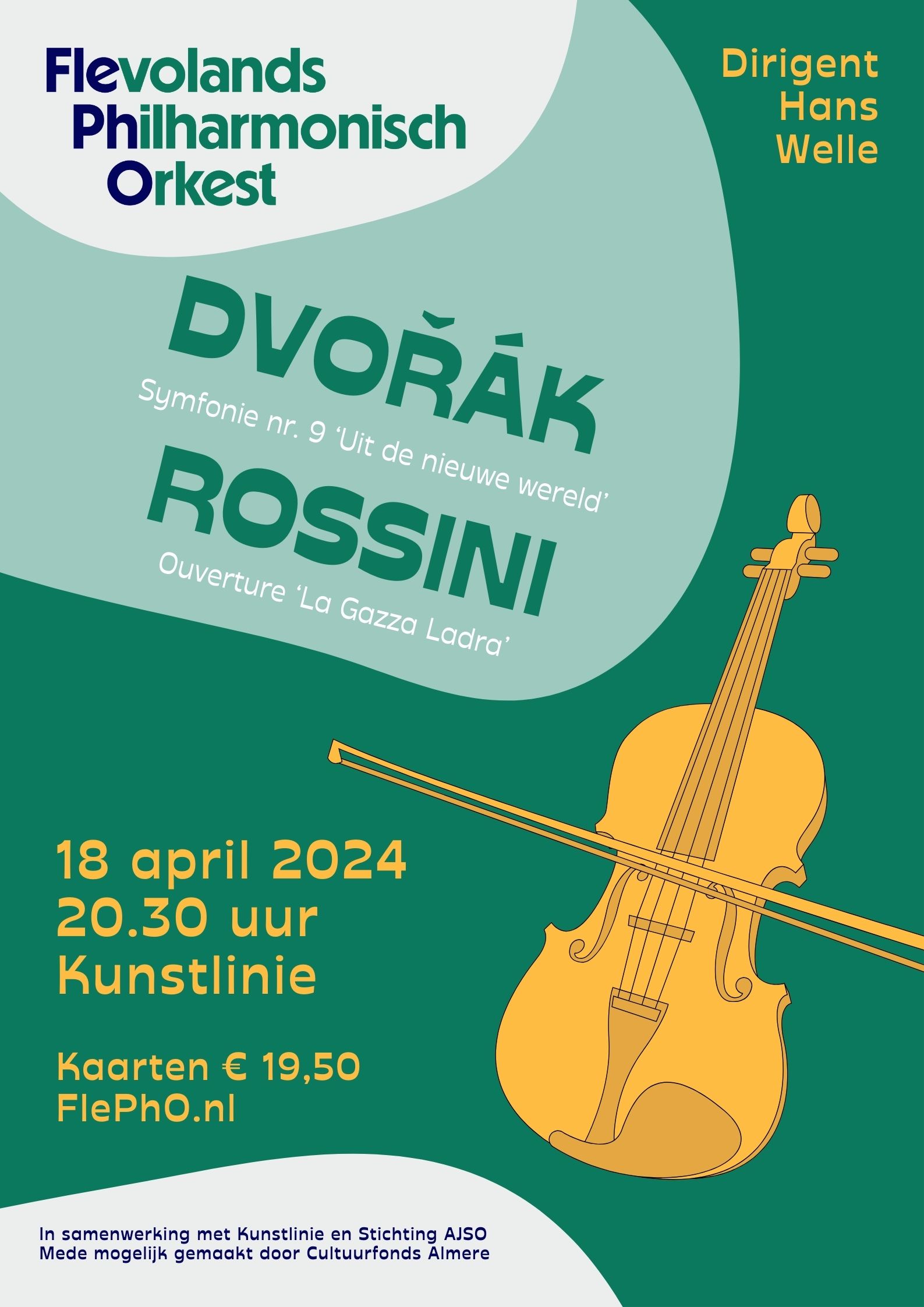 Groene flyer van het FlePhO met een illustratie van een goudkleurige viool