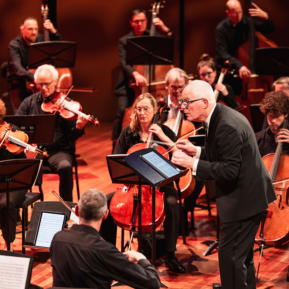 Strijkers van het Flevolands Philharmonisch Orkest maken muziek op een podium met dirigent Hans Welle