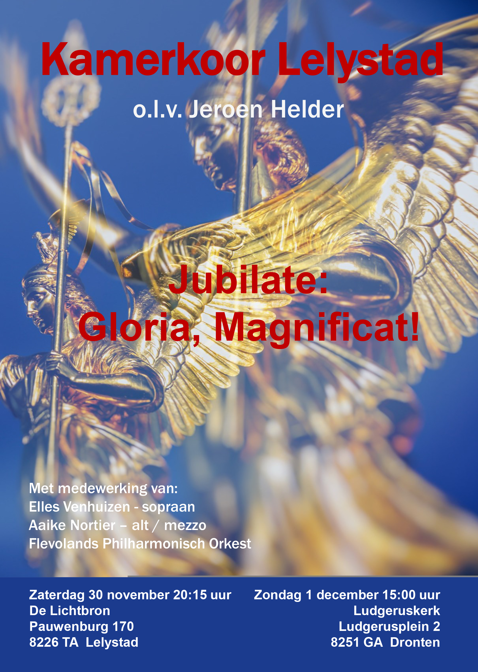 Blauwe flyer van het concert "Jubilate: Gloria, Magnificat!"