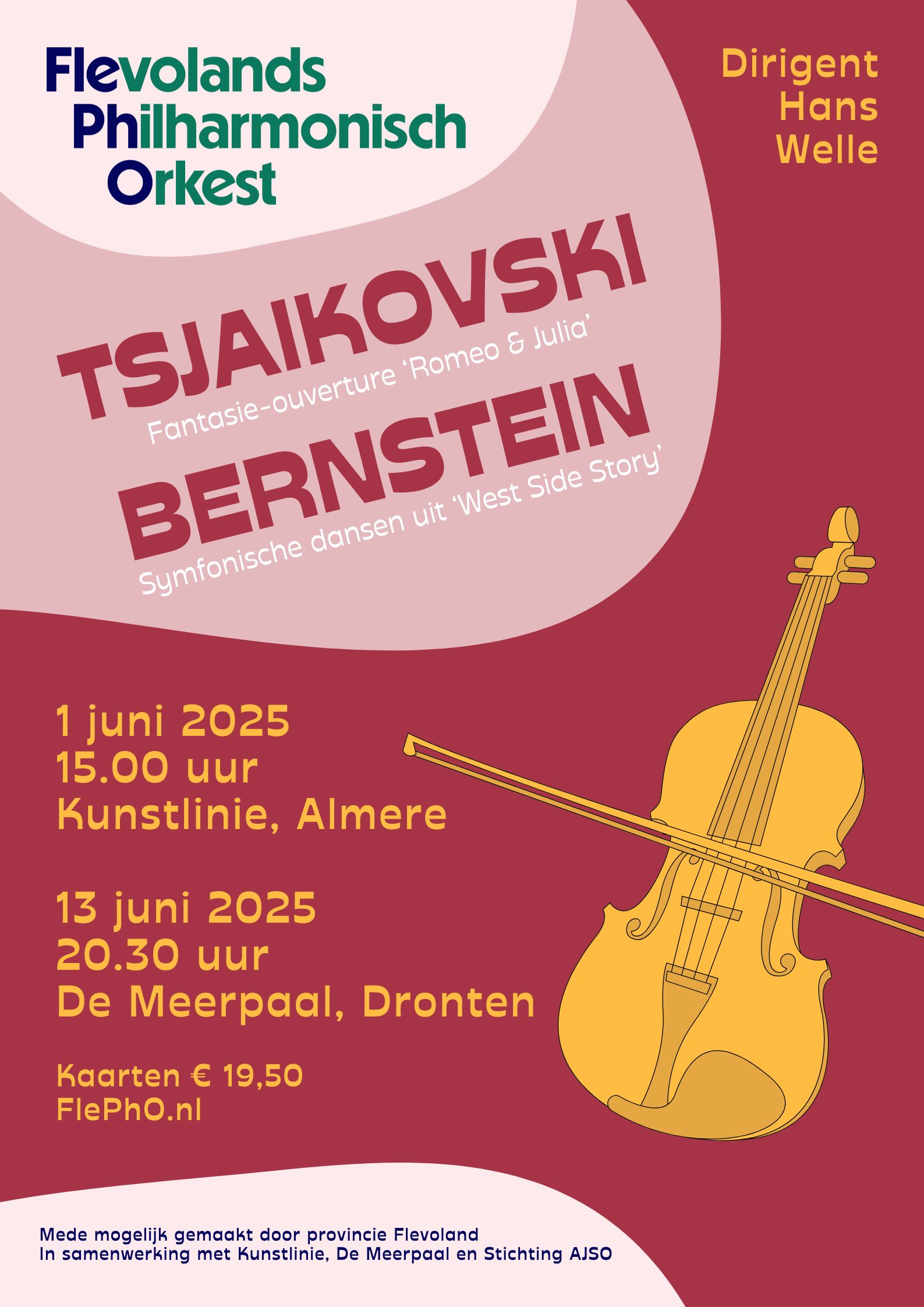 Rode flyer van het FlePhO met een illustratie van een goudkleurige viool